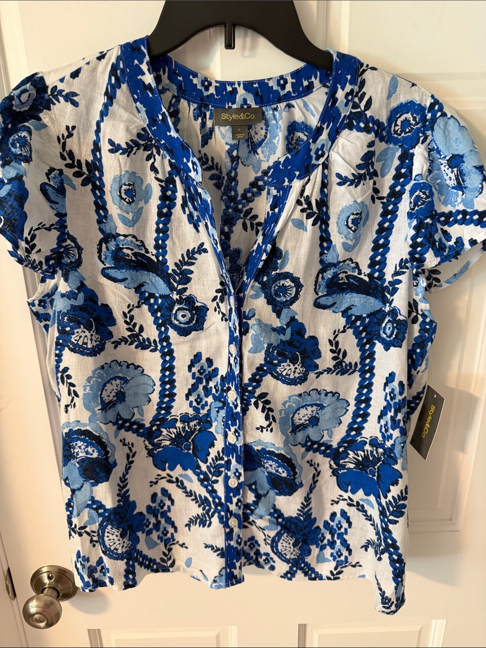 NWT Style & Co. Boho Linen Blend Short Flutter Sleeve Button Down Blouse Large